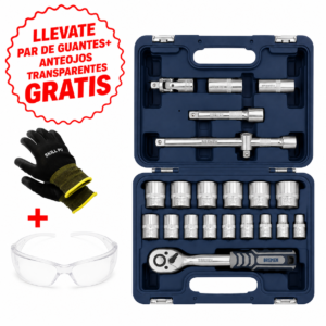 Juego de Bocallaves con Accesorios Cod 6660 + Par de Guantes Skill Pu + Anteojos Transparentes.