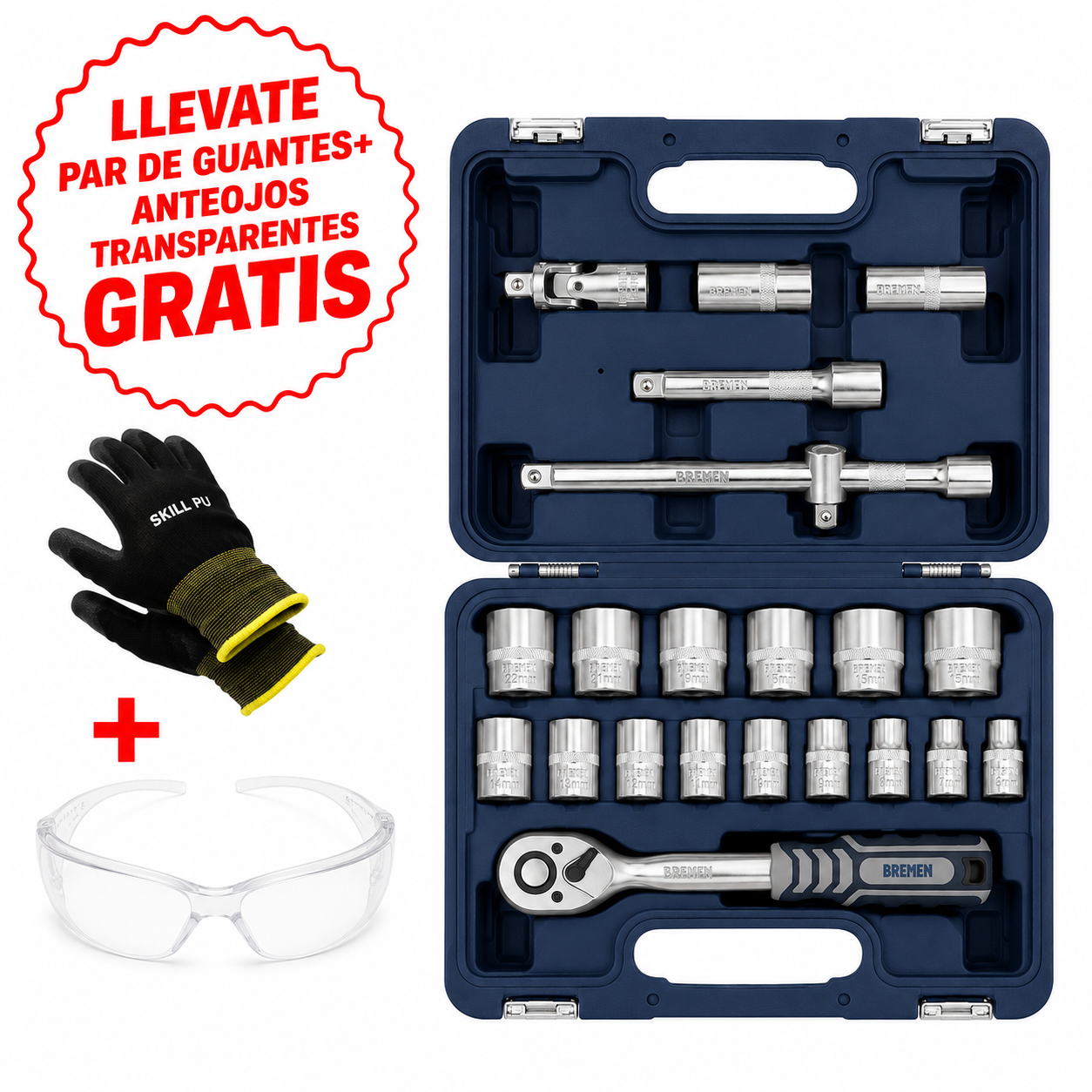 Juego de Bocallaves con Accesorios Cod 6660 + Par de Guantes Skill Pu + Anteojos Transparentes.
