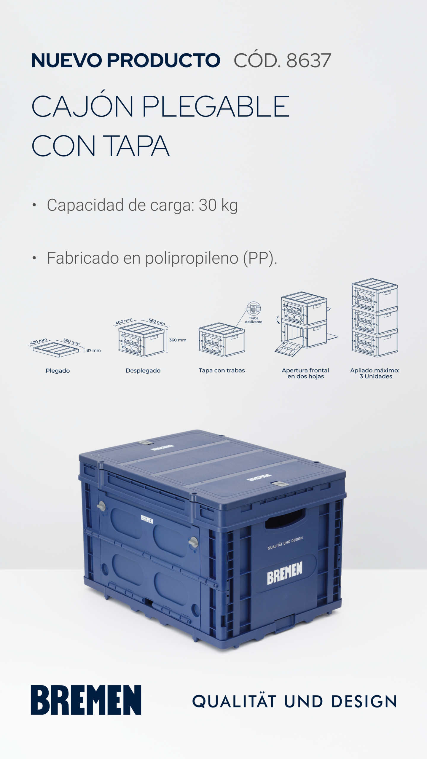 CAJON PLEGABLE CON TAPA 30KG/62.5L BREMEN® Cod 8637 - Image 2
