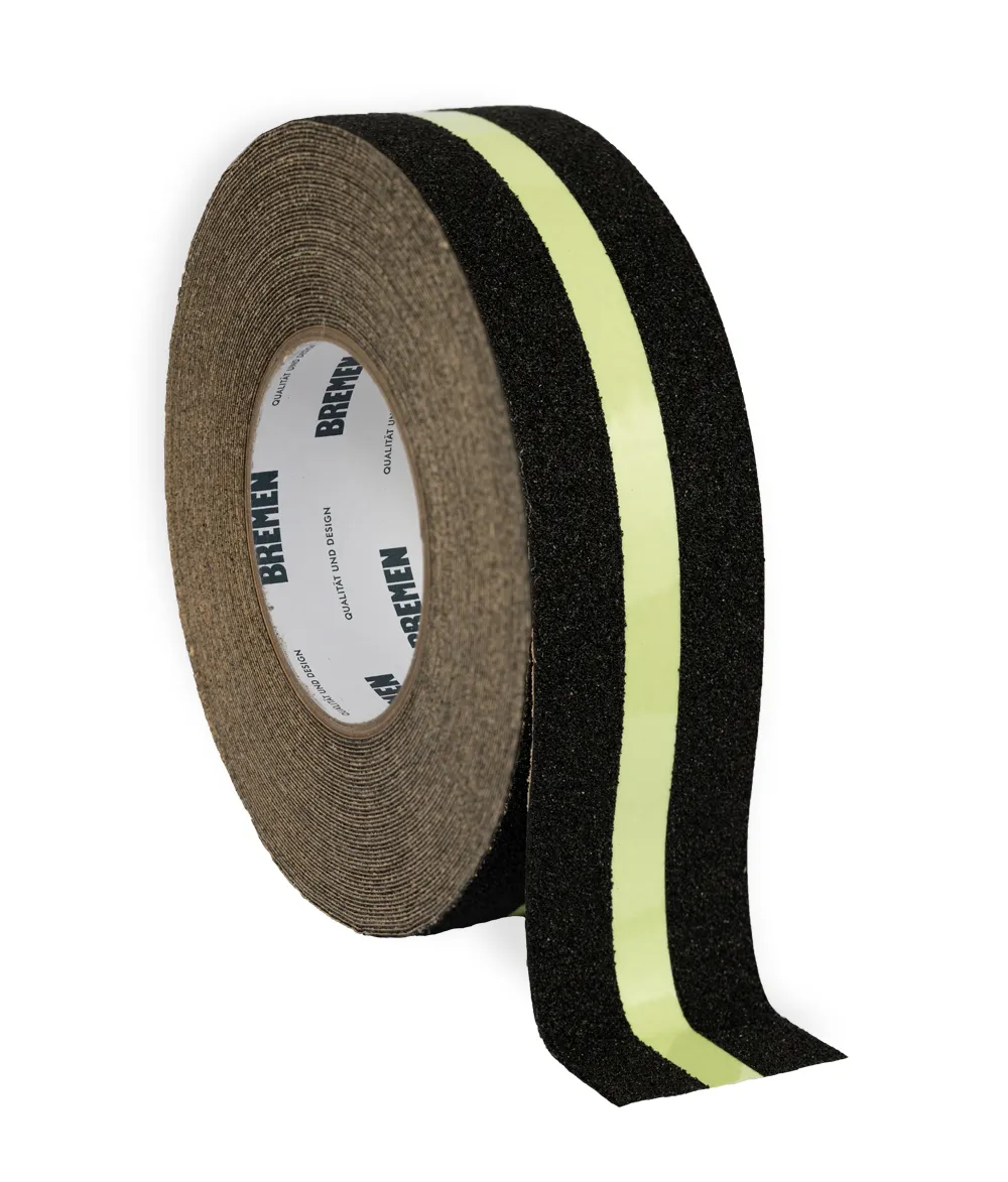 CINTA ADHESIVA ANTIDESLIZANTE FOTOLUMINISCENTE 50 mm x 18 m BREMEN® Negra – Cód. 8840